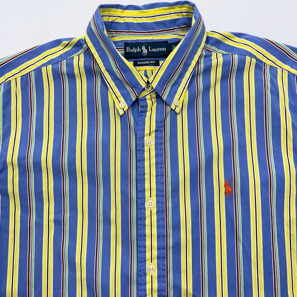 Ralph Lauren Button Down Shirt Men's Large Blue Yellow Striped Long Sleeve - Picture 3 of 13
